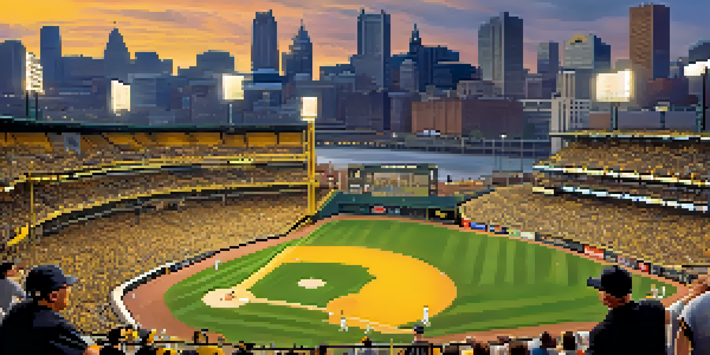 A lively baseball game day at PNC Park with enthusiastic fans in black and gold jerseys, the Pittsburgh skyline and Roberto Clemente Bridge in the background, showcasing the excitement of the event.