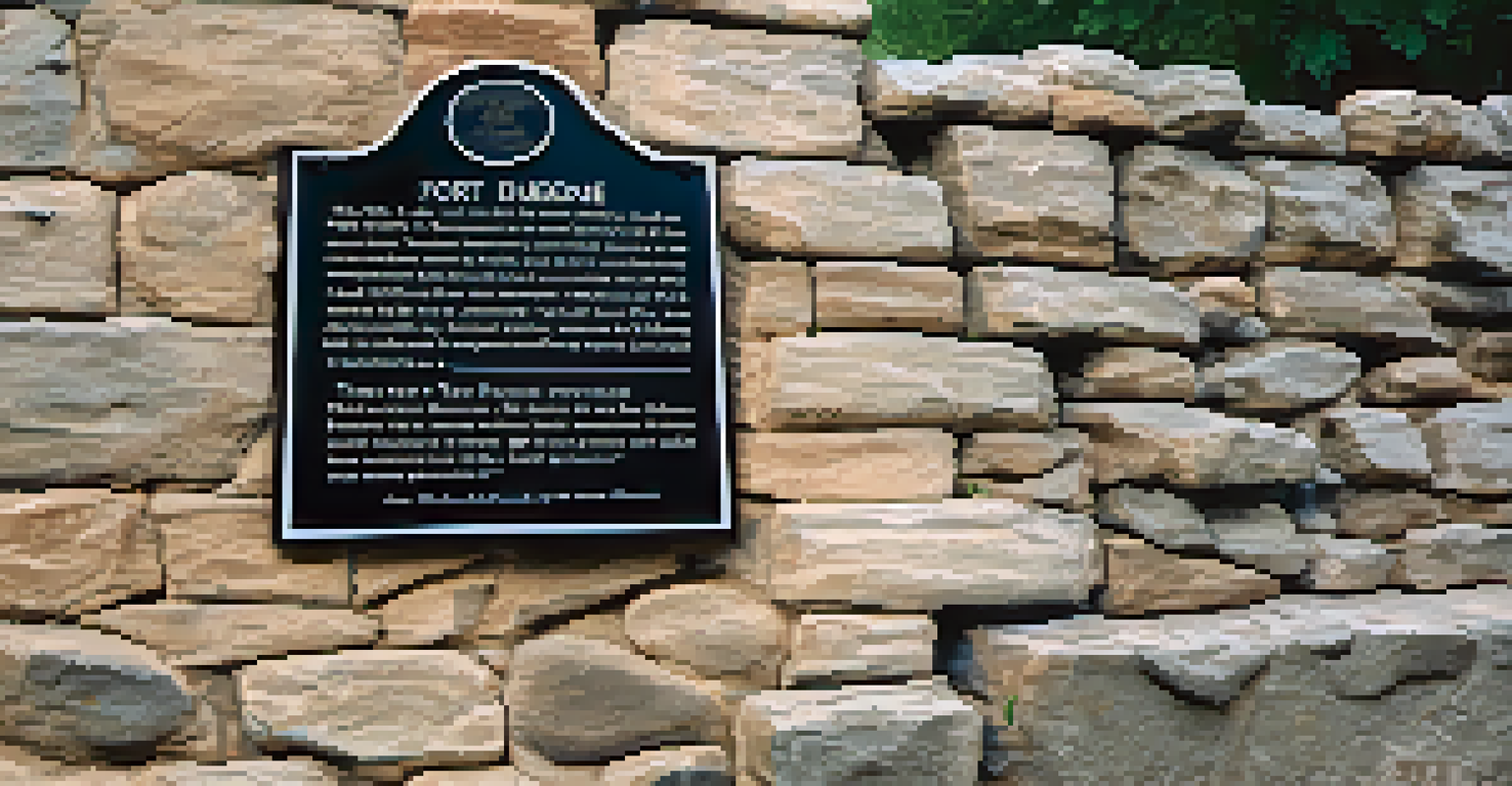 Close-up of a historical marker at Fort Duquesne with reconstructed walls in the background, illuminated by soft morning light.