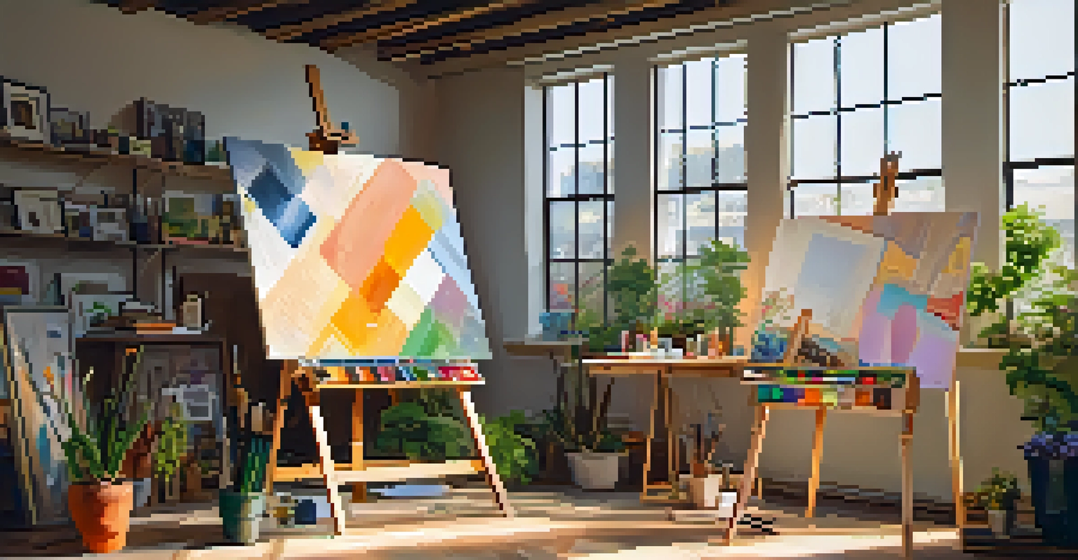 An artist's studio with natural light, featuring a half-finished abstract painting on an easel and art supplies throughout the room.