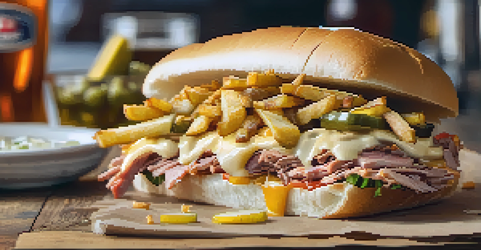 A close-up of a Primanti Brothers sandwich loaded with meat, cheese, coleslaw, and fries, served on a wooden table.