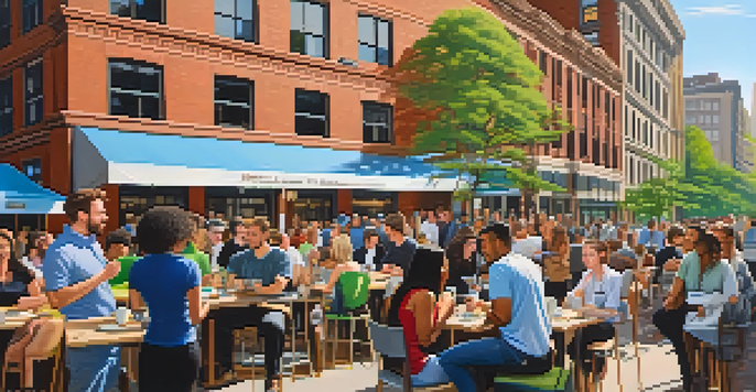 A lively outdoor networking event in Pittsburgh, with diverse entrepreneurs interacting against a backdrop of the city's architecture.