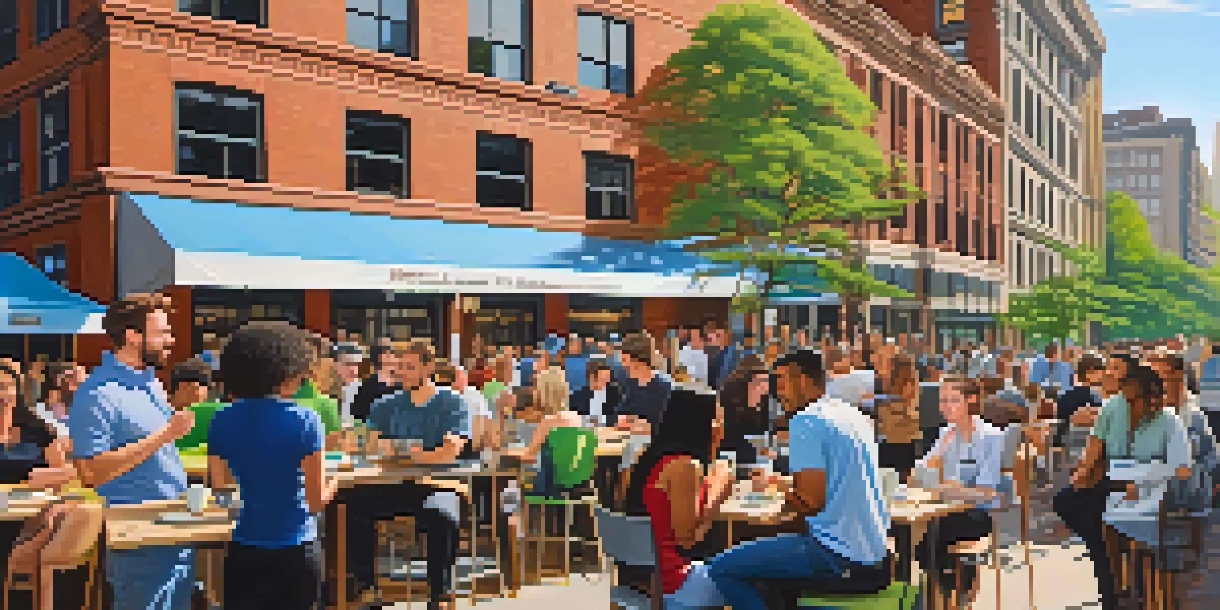 A lively outdoor networking event in Pittsburgh, with diverse entrepreneurs interacting against a backdrop of the city's architecture.