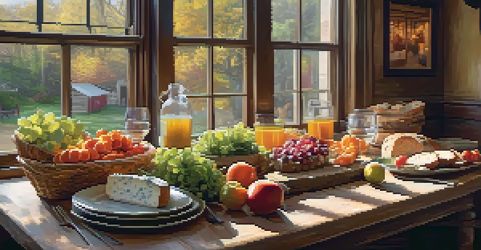 A rustic dining table filled with fresh produce, bread, and cheeses in a warmly lit restaurant.
