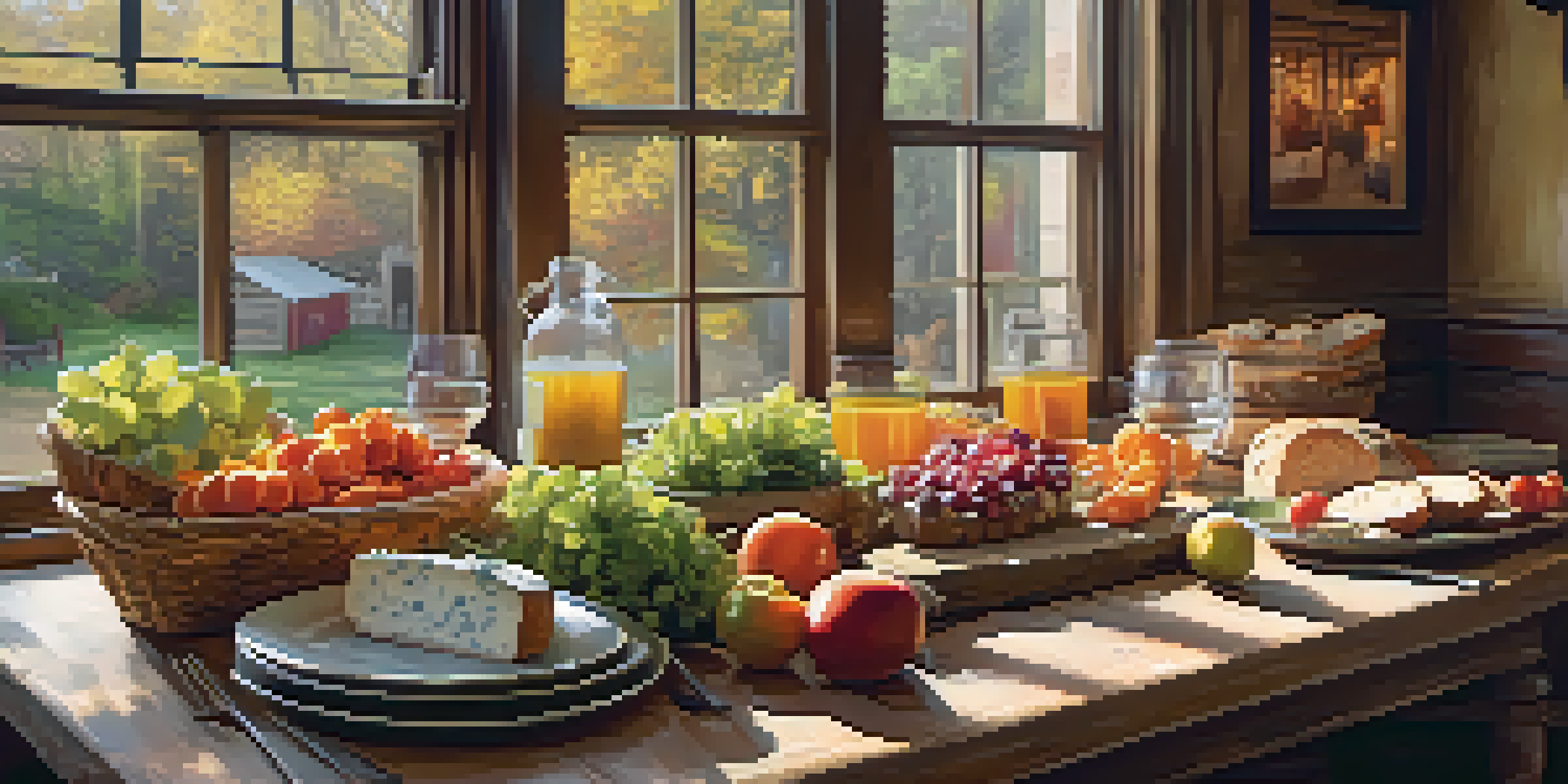 A rustic dining table filled with fresh produce, bread, and cheeses in a warmly lit restaurant.