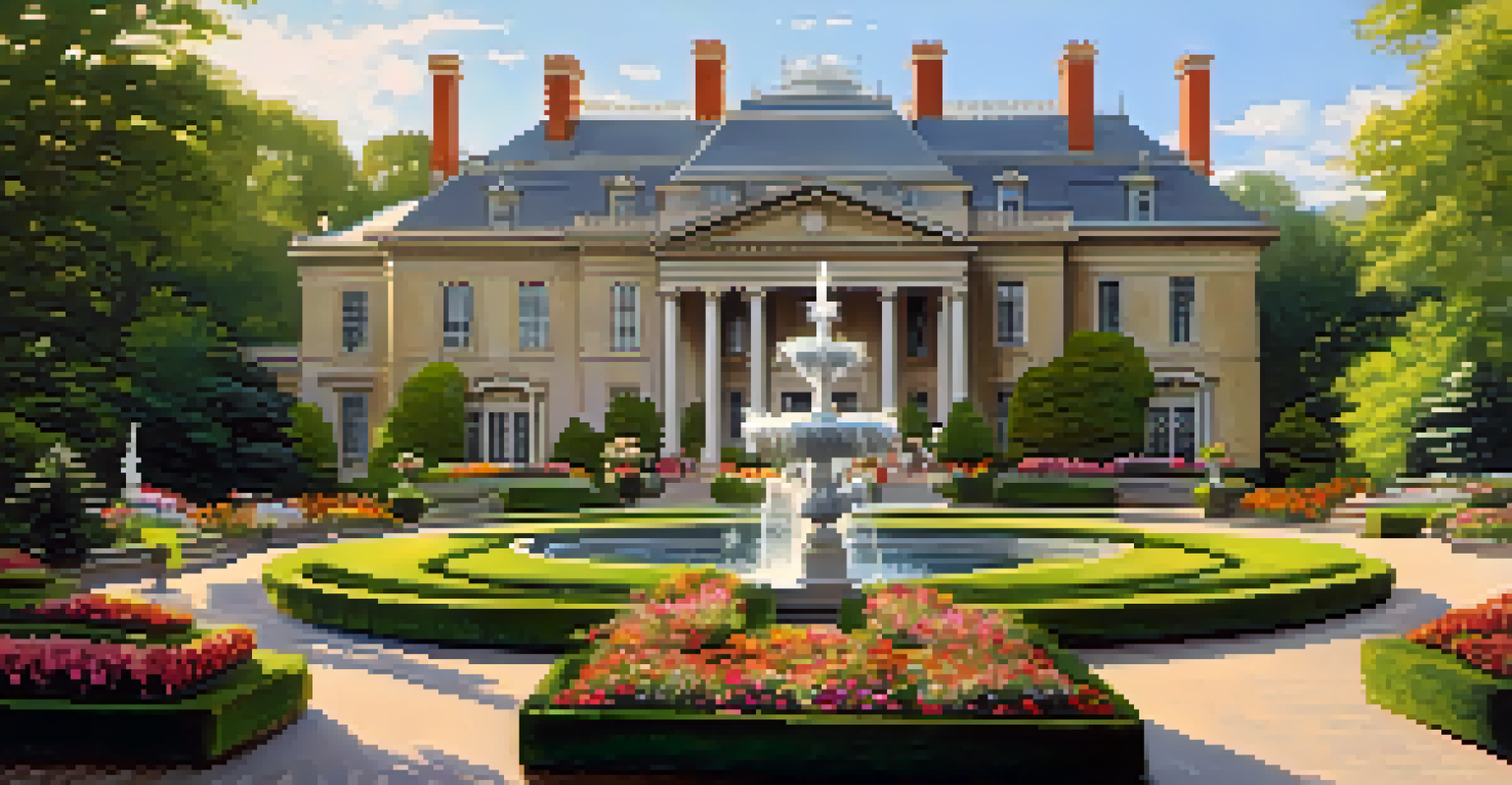 Exterior view of The Frick Pittsburgh estate with gardens and visitors enjoying the scenery.