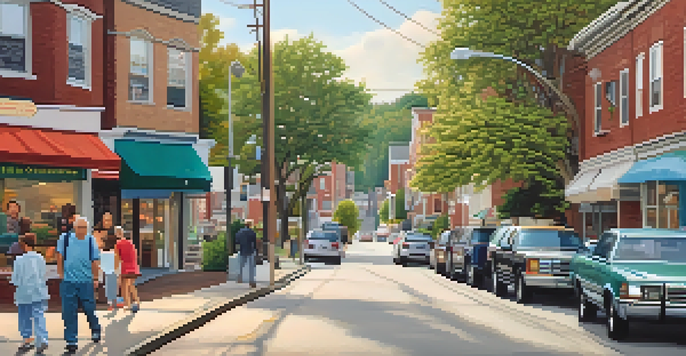 A serene street view of Squirrel Hill with homes, a synagogue, and community members enjoying the day.