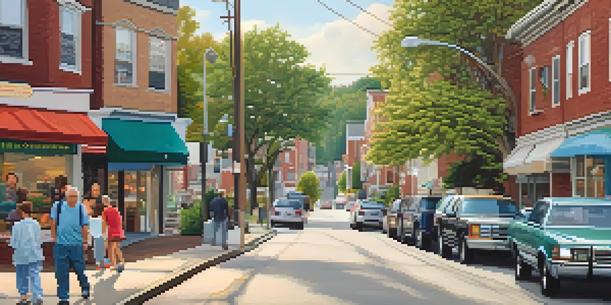 A serene street view of Squirrel Hill with homes, a synagogue, and community members enjoying the day.