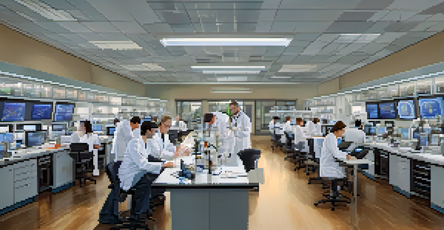 A busy research lab at the University of Pittsburgh, with scientists working together on medical research projects.