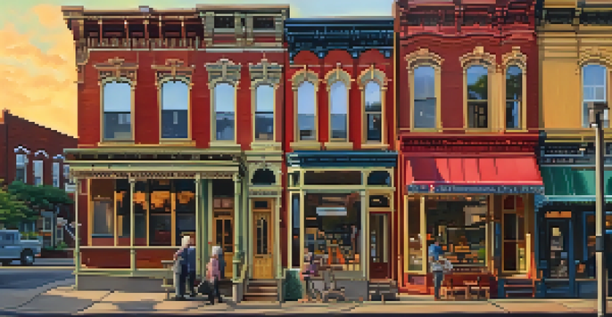 A picturesque street in Lawrenceville, Pittsburgh, with historic Victorian houses and people enjoying the evening.