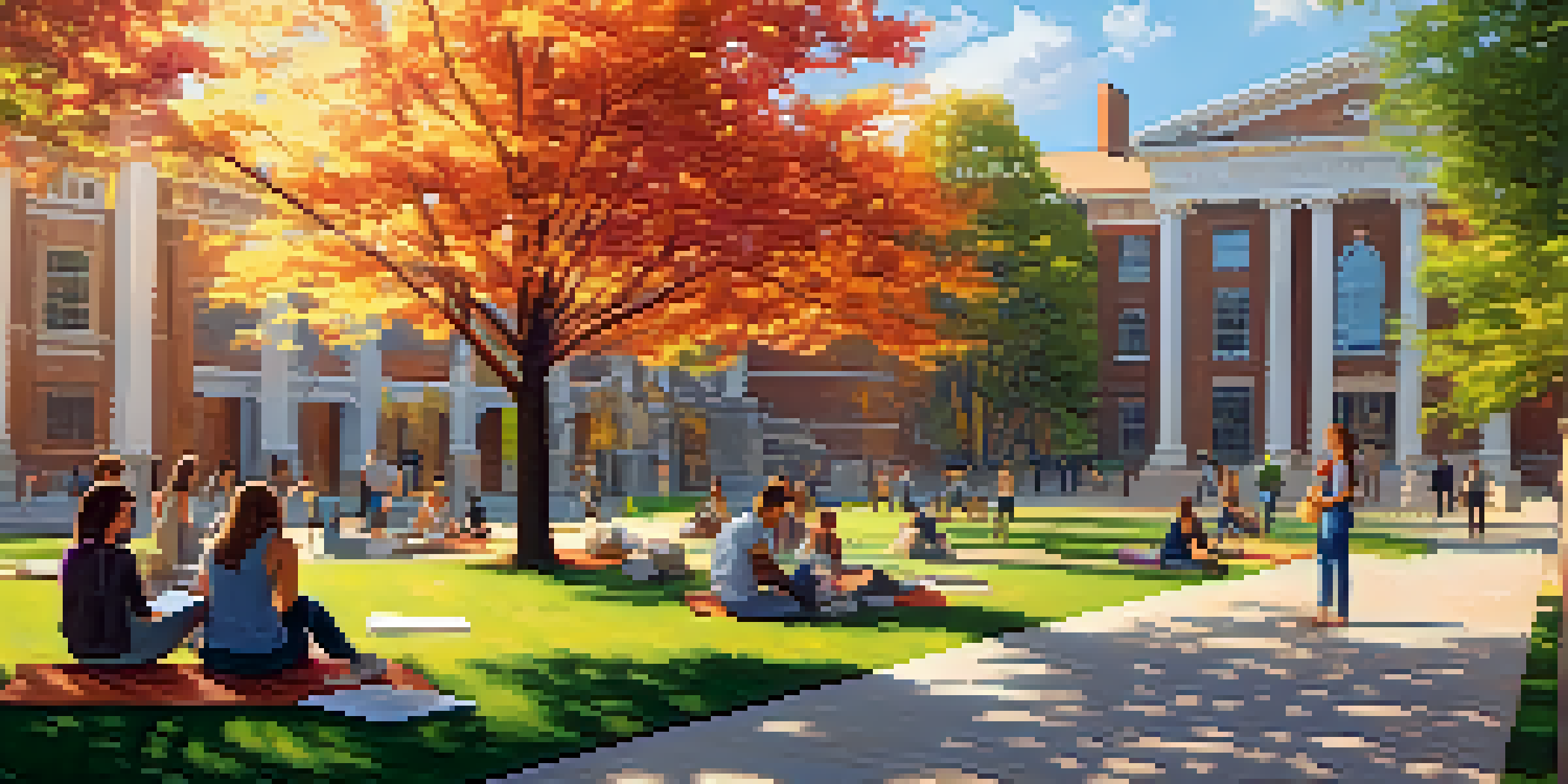 Students of diverse backgrounds collaborating on a college campus, with historic and modern buildings in the background, surrounded by greenery and colorful flowers.