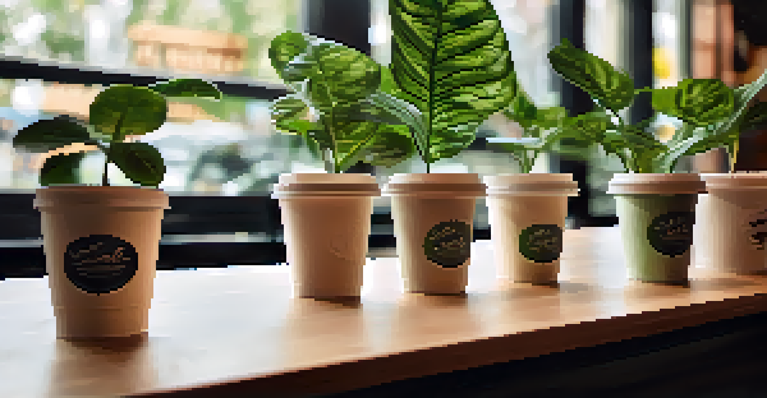 Biodegradable cups and eco-friendly products in a local coffee shop in Pittsburgh, surrounded by greenery.
