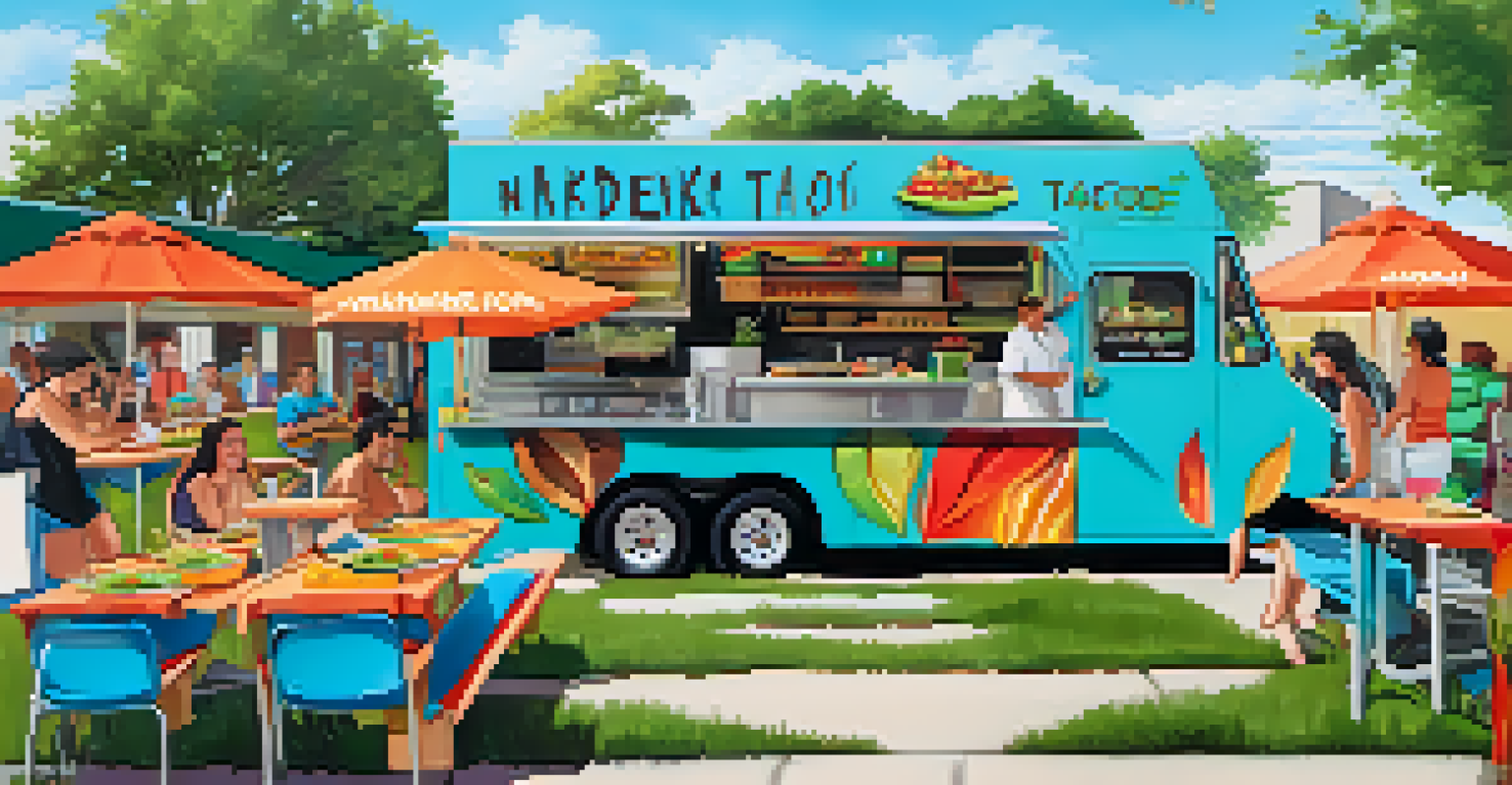 The 'Naked Tacos' food truck serving colorful tacos with customers enjoying their meals.