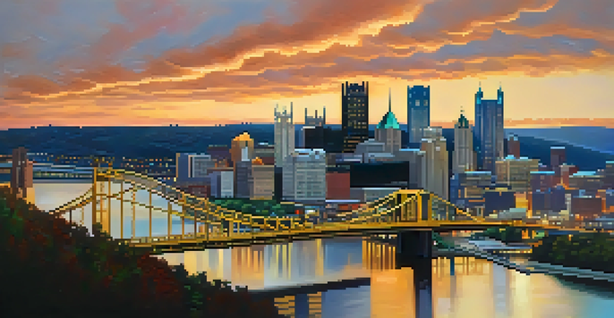 A panoramic view of Pittsburgh's skyline at sunset, highlighting the blend of historical and modern architecture with PPG Place in the foreground.
