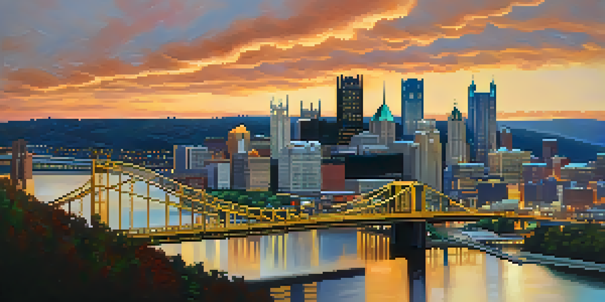 A panoramic view of Pittsburgh's skyline at sunset, highlighting the blend of historical and modern architecture with PPG Place in the foreground.