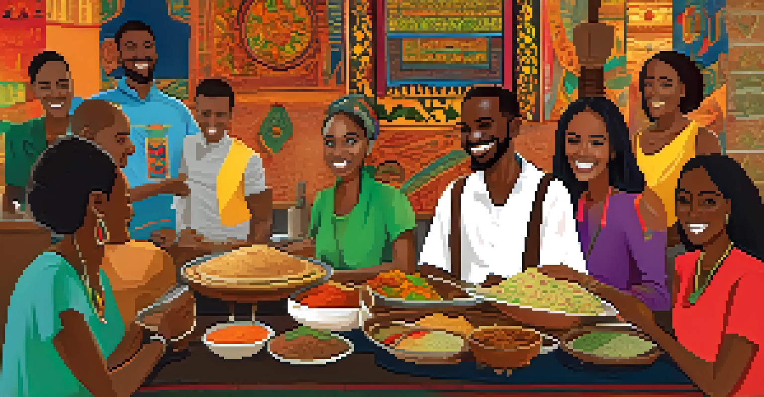 A colorful display of Ethiopian food on injera with happy diners at a communal table in a vibrant restaurant.