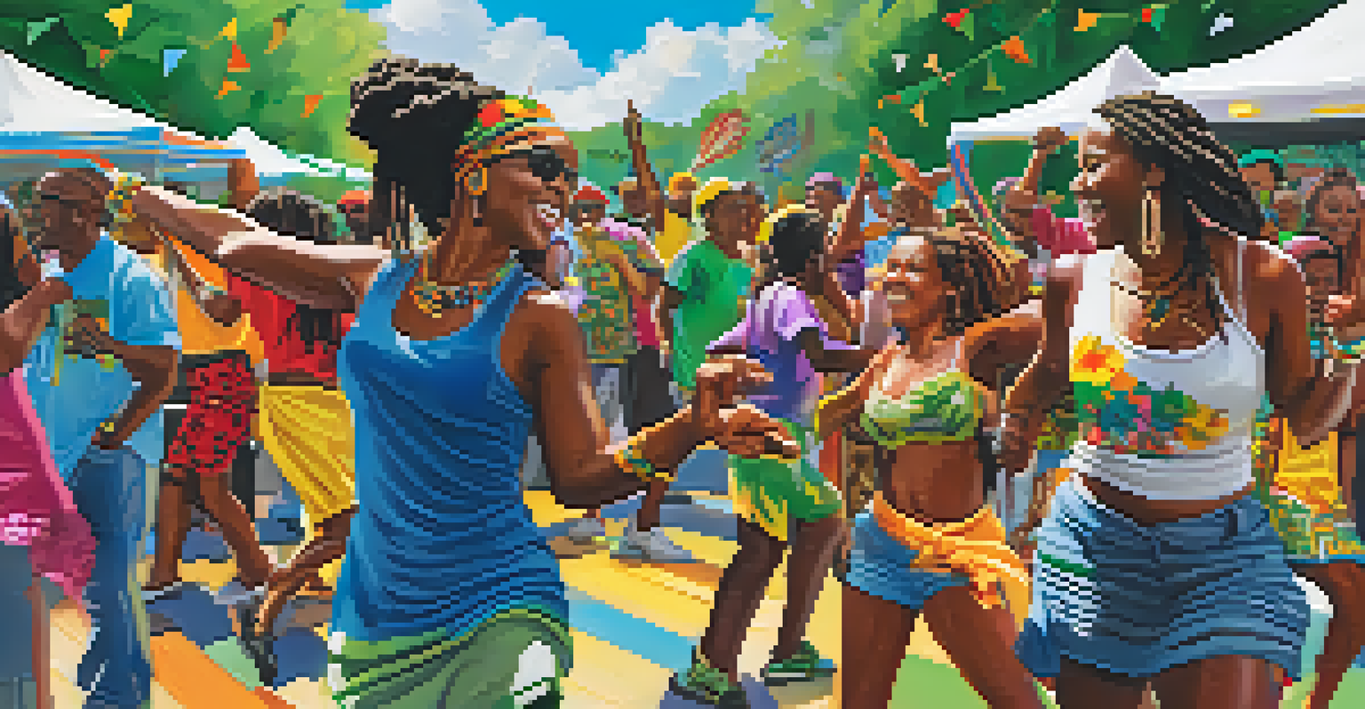 A lively reggae festival scene with people dancing, colorful decorations, and food stalls in a park setting, exuding joy and community spirit.