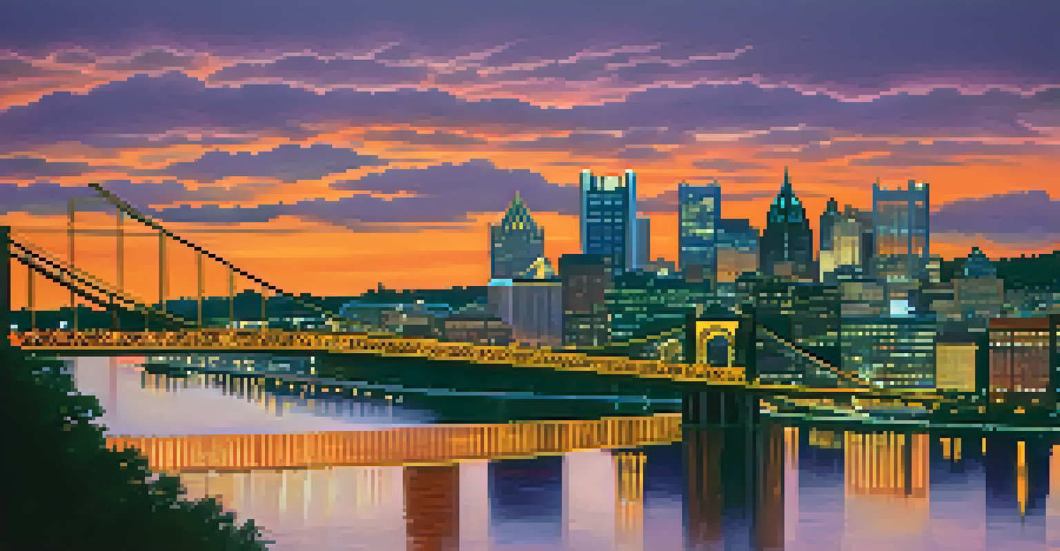 A panoramic sunset view of Pittsburgh's skyline with illuminated bridges and the Allegheny River reflecting the colorful sky.