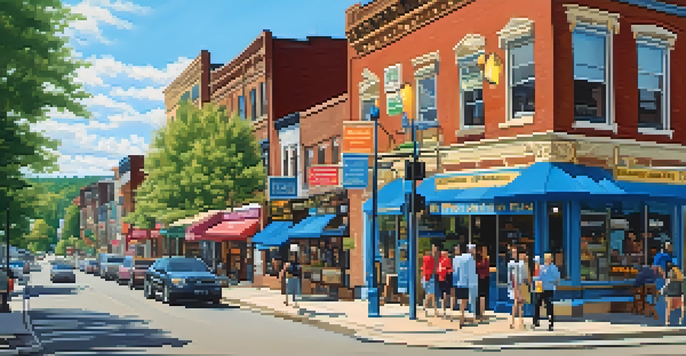 A lively street in Squirrel Hill, Pittsburgh, filled with diverse people and colorful shops, highlighting its vibrant Jewish community.