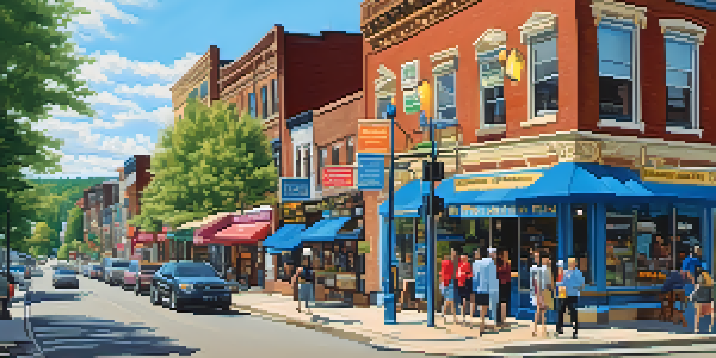 A lively street in Squirrel Hill, Pittsburgh, filled with diverse people and colorful shops, highlighting its vibrant Jewish community.