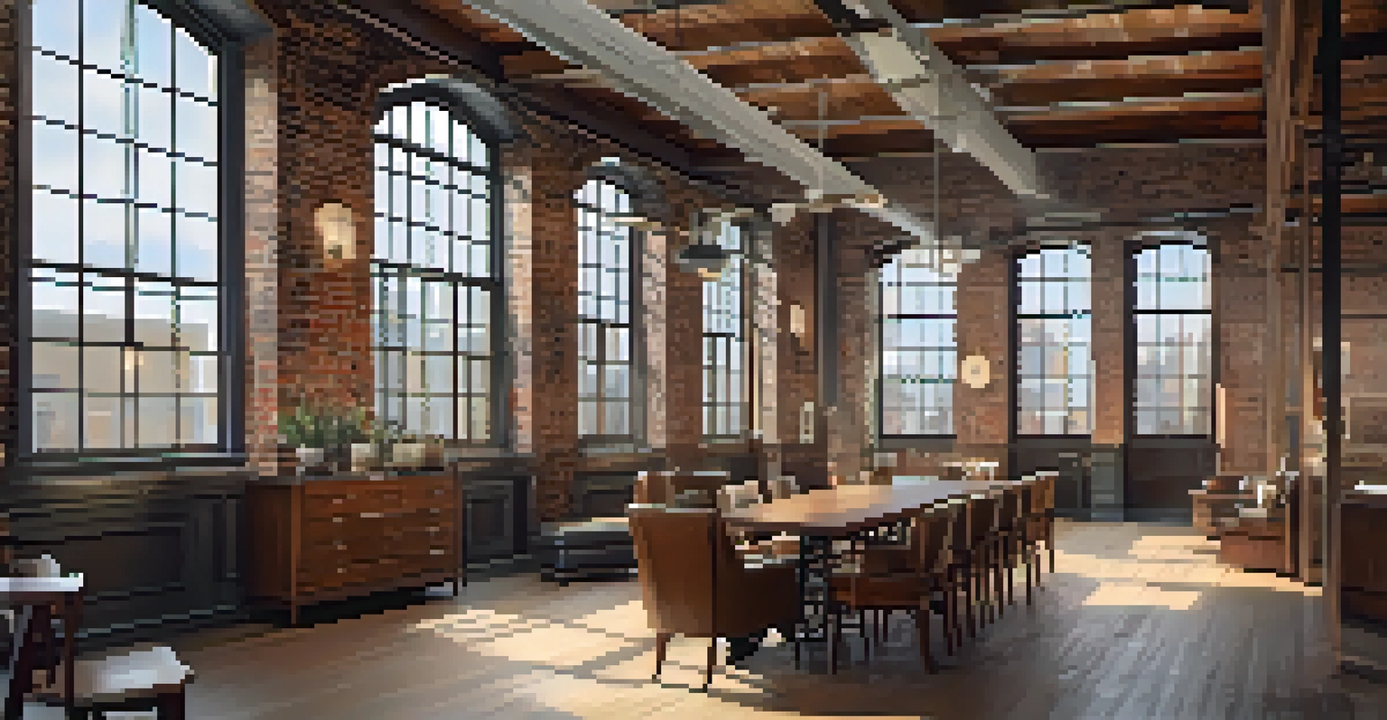 Interior of a beautifully restored historic building in Pittsburgh, showcasing exposed brick and vintage furniture.