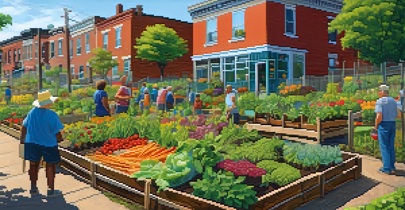 A vibrant community garden in Pittsburgh's Hill District, featuring residents planting and harvesting vegetables and flowers.