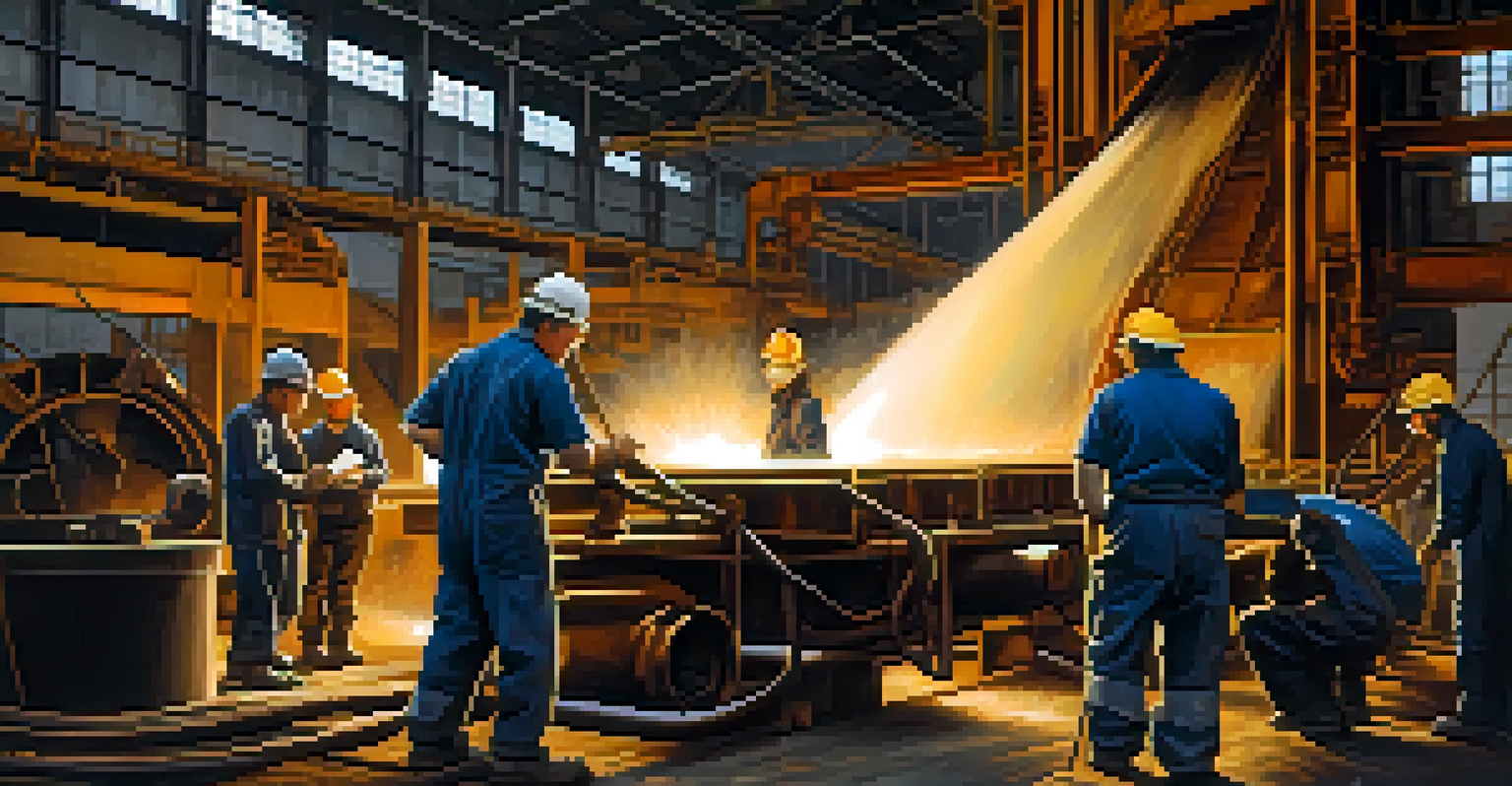 Workers in a steel mill engaged in production, surrounded by machinery and warm industrial lighting.