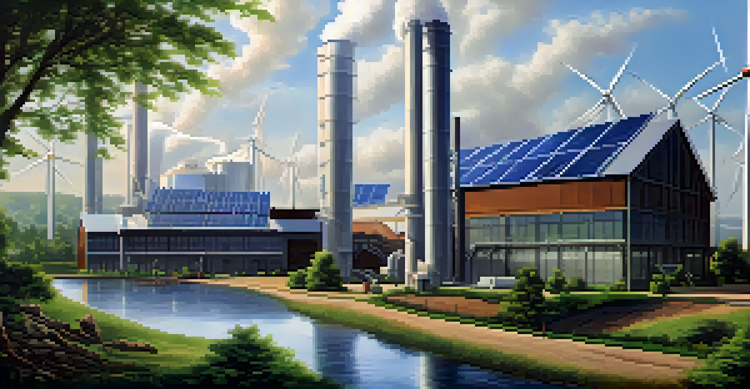 A modern steel mill surrounded by greenery and renewable energy sources, representing sustainable practices.