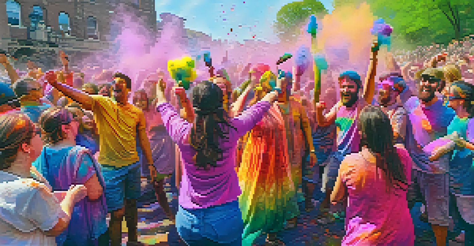 Participants joyfully celebrating the Festival of Colors (Holi) in Pittsburgh, throwing vibrant colored powders and dancing amidst blooming flowers.