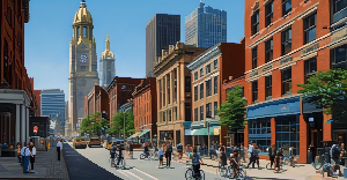 A vibrant street scene in Pittsburgh with a mix of historic buildings and modern tech offices, featuring diverse people and transportation options.