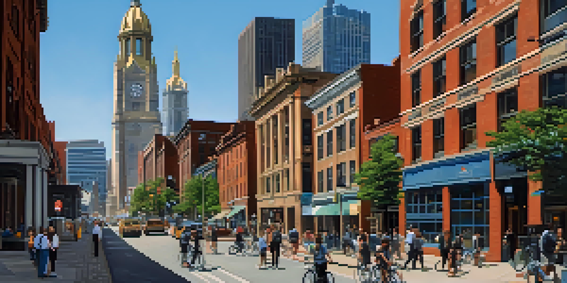 A vibrant street scene in Pittsburgh with a mix of historic buildings and modern tech offices, featuring diverse people and transportation options.