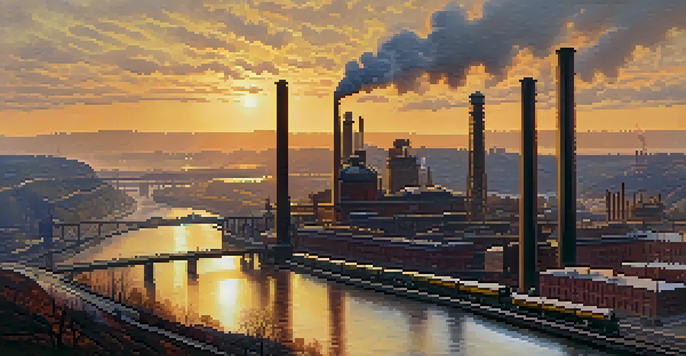 A historical view of Pittsburgh's skyline with steel mills and smokestacks during sunset, showing trains and workers.