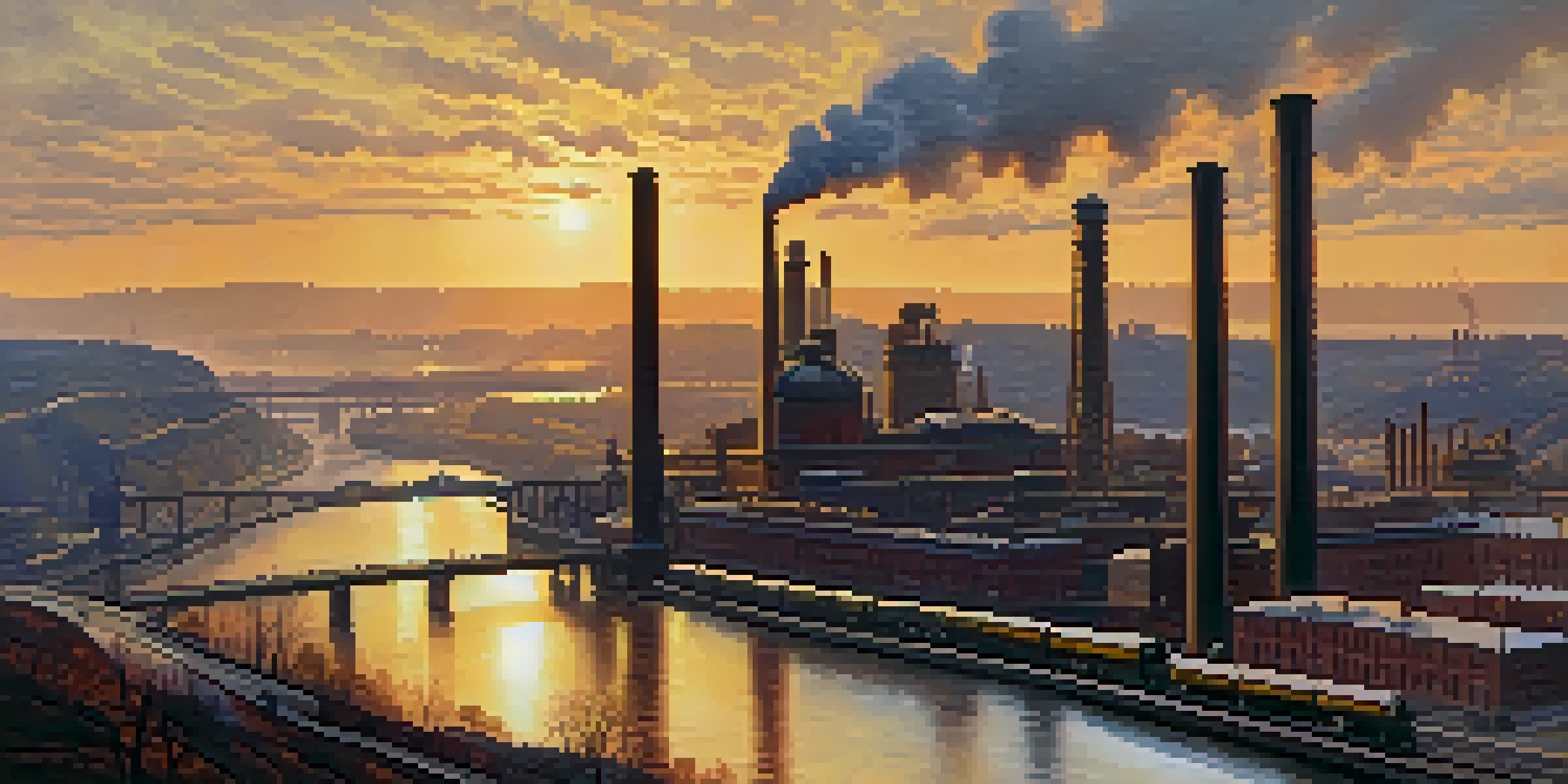 A historical view of Pittsburgh's skyline with steel mills and smokestacks during sunset, showing trains and workers.