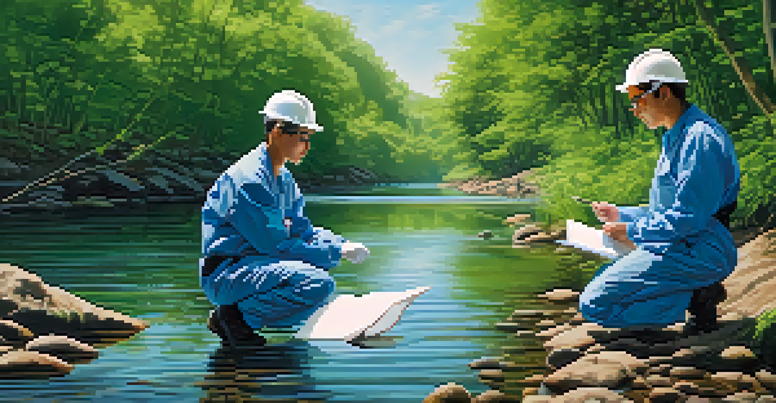 An environmental engineering team conducting fieldwork by a river, testing water quality with testing kits amidst lush greenery.