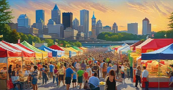 A lively food festival in Pittsburgh with various food stalls, people sampling dishes, and colorful decorations.
