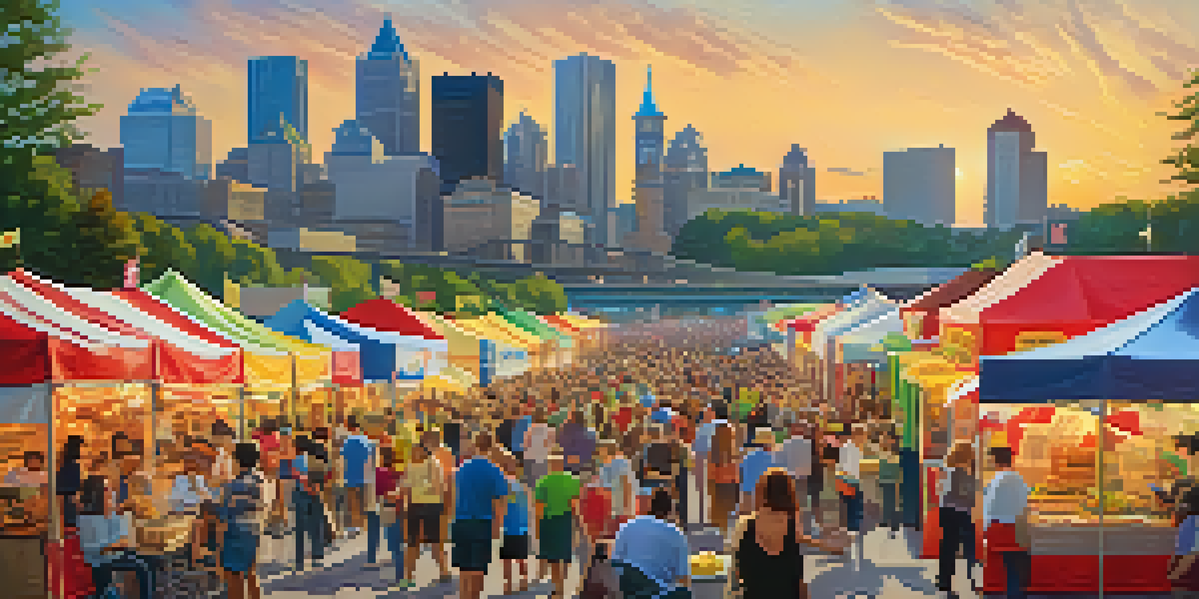 A lively food festival in Pittsburgh with various food stalls, people sampling dishes, and colorful decorations.