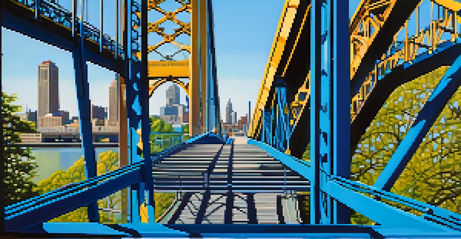 A close-up shot of the Roberto Clemente Bridge in bright blue, with pedestrians walking across and a clear blue sky in the background.