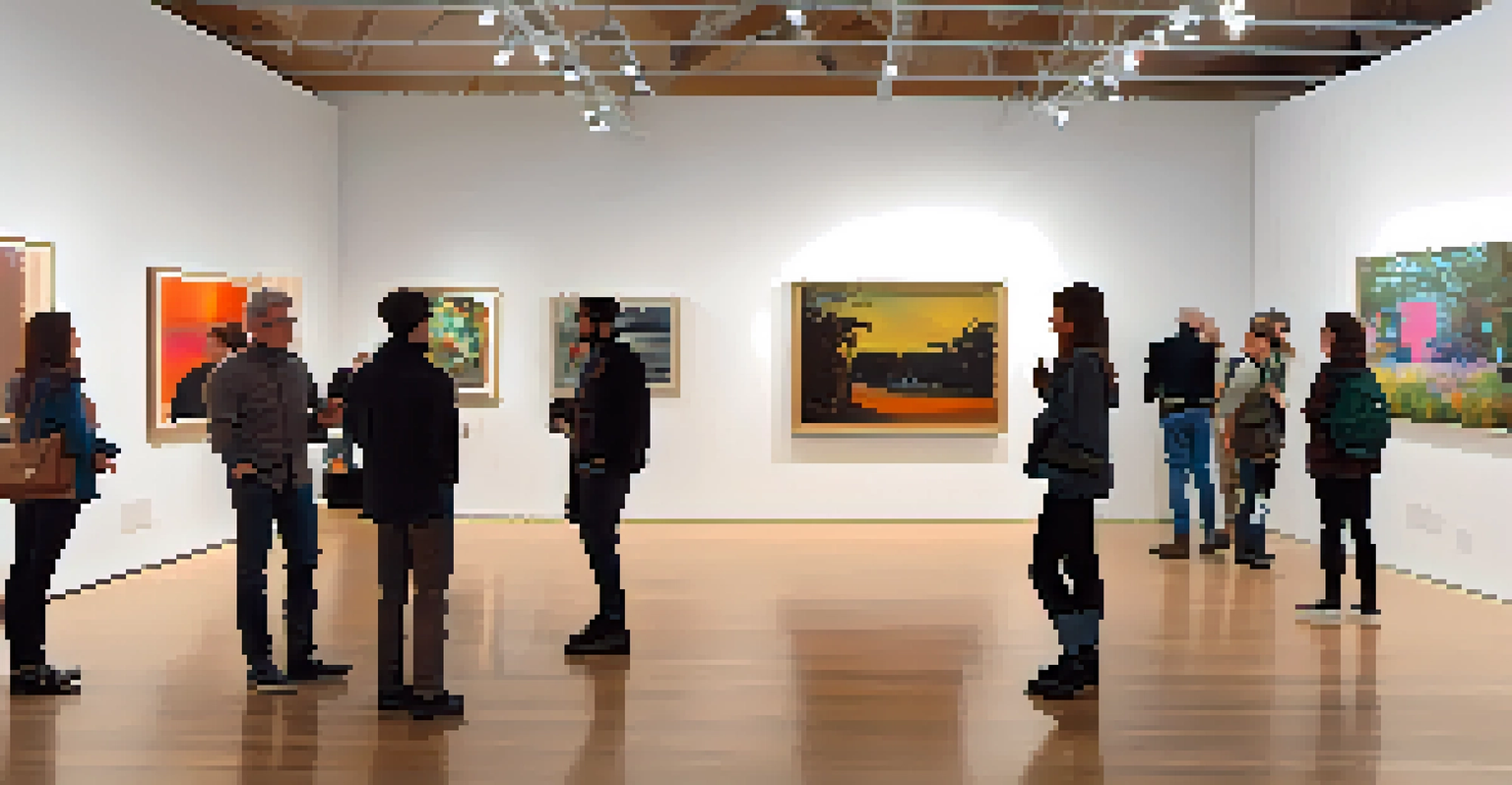 Inside the Wood Street Galleries showcasing an exhibition with various artworks and people interacting with artists.