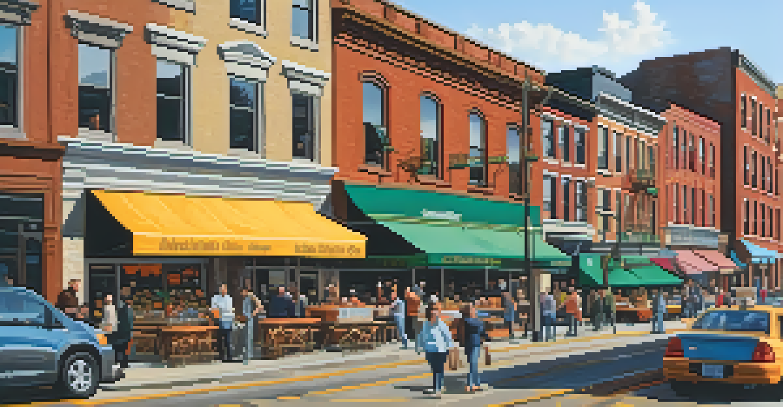 A lively market scene in Pittsburgh's Strip District, combining historic buildings with modern shops.
