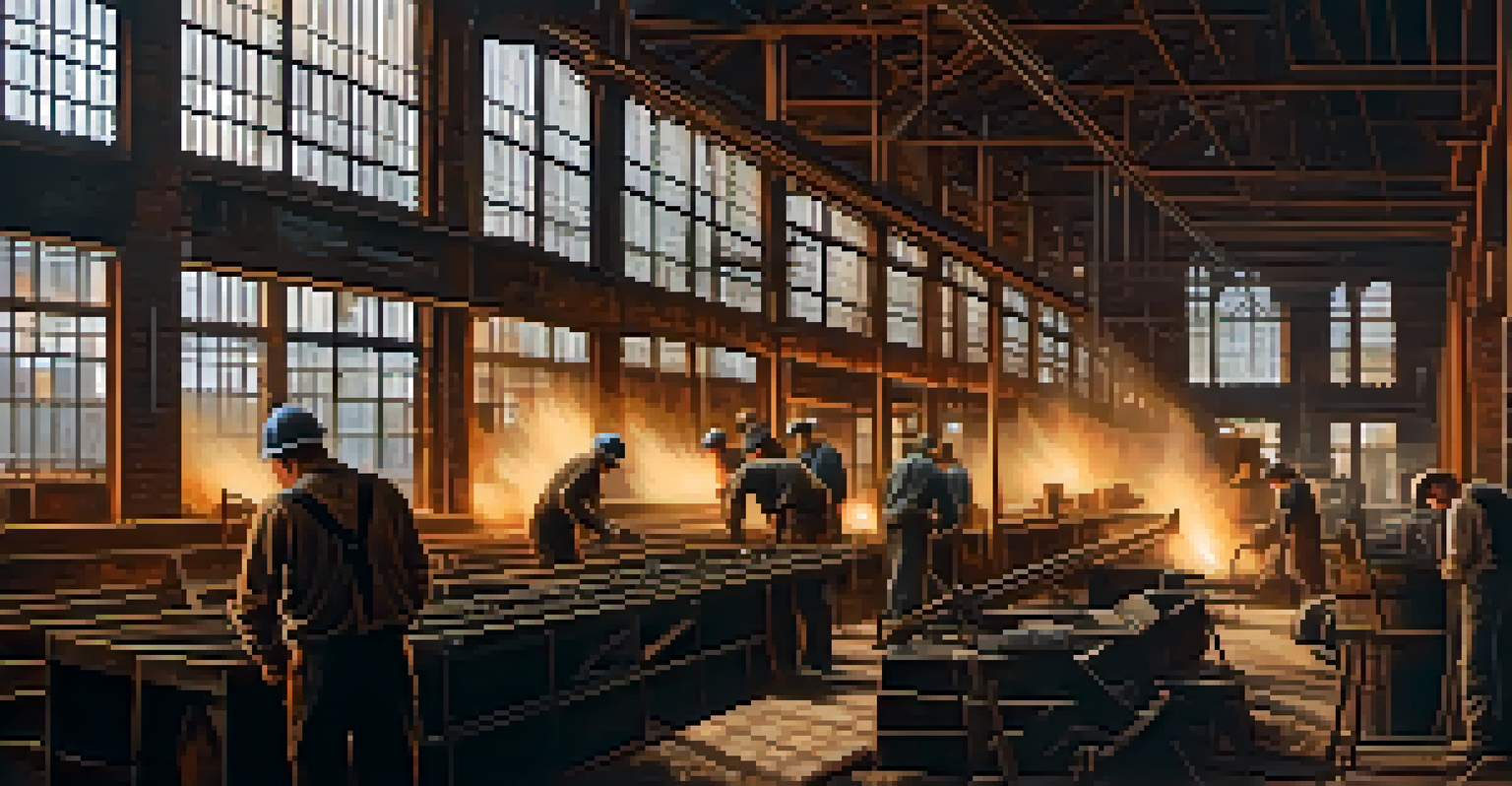 An interior of a historic steel mill with workers in vintage clothing and rustic machinery.