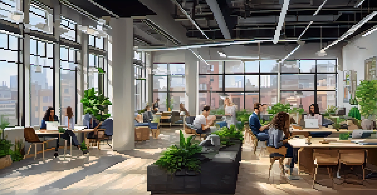 An interior view of a modern co-working space in Pittsburgh with people collaborating, natural light, and greenery.