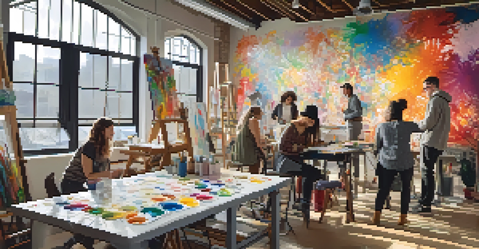 A collaborative art studio in Pittsburgh with diverse artists working together on a mural, surrounded by colorful sketches and sunlight.