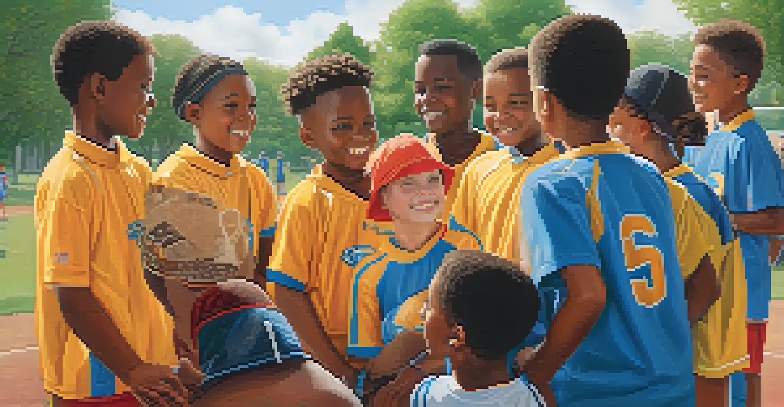A youth sports team in colorful uniforms huddled together with a coach in a park, smiling and engaged.
