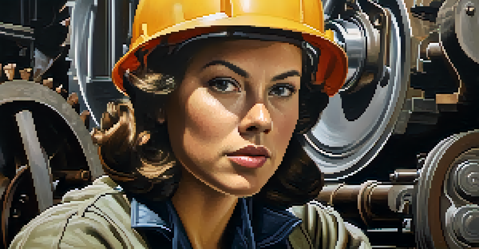 A female steelworker from World War II in protective gear, with machinery in the background, highlighting her strength and resilience.