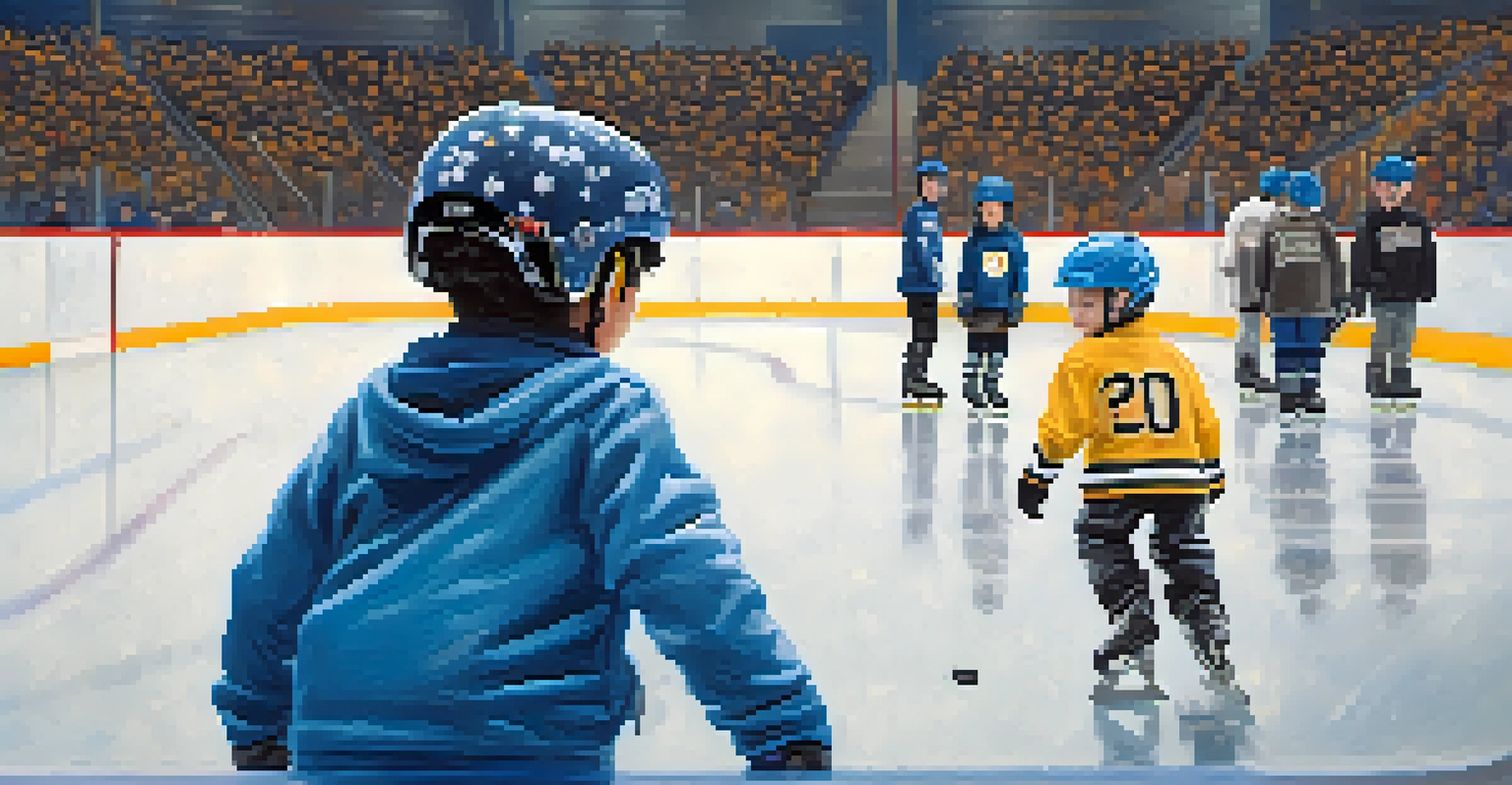 A young child in a Penguins jersey learning to skate on an ice rink, surrounded by other children practicing.