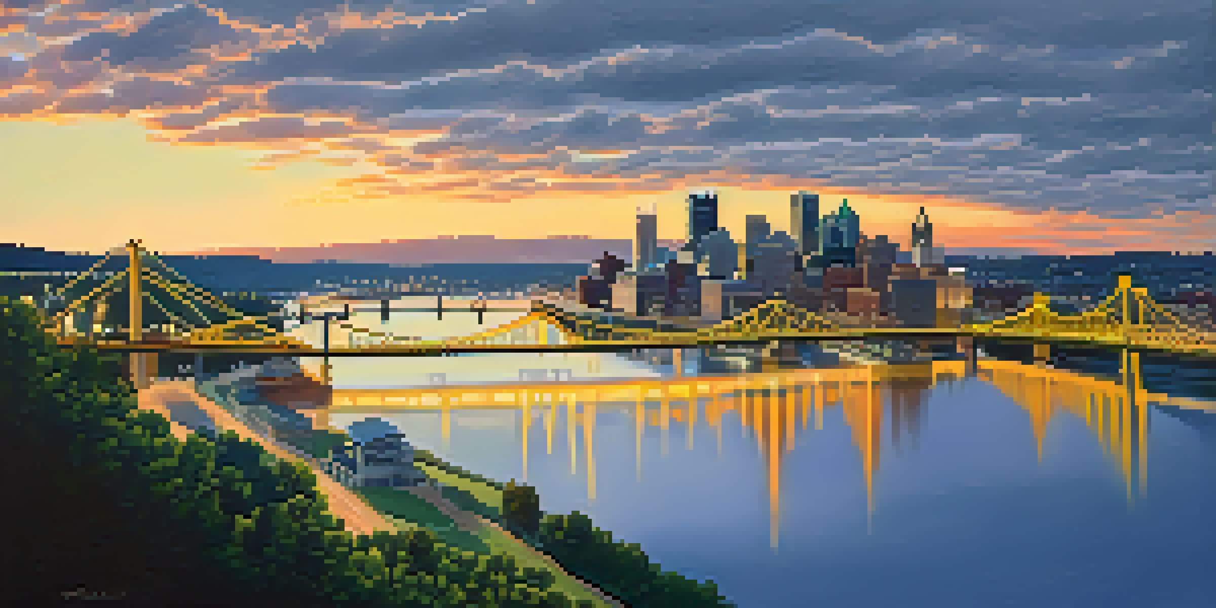 A sunset view of Pittsburgh's Golden Triangle with the Smithfield Street Bridge and the city skyline reflected in the rivers below.