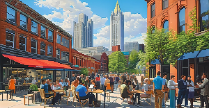 A lively cityscape of Pittsburgh with professionals discussing outside a café, surrounded by modern buildings and greenery under a clear blue sky.