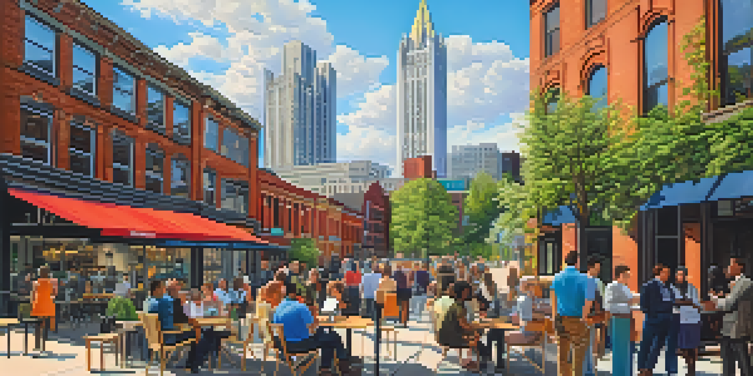 A lively cityscape of Pittsburgh with professionals discussing outside a café, surrounded by modern buildings and greenery under a clear blue sky.