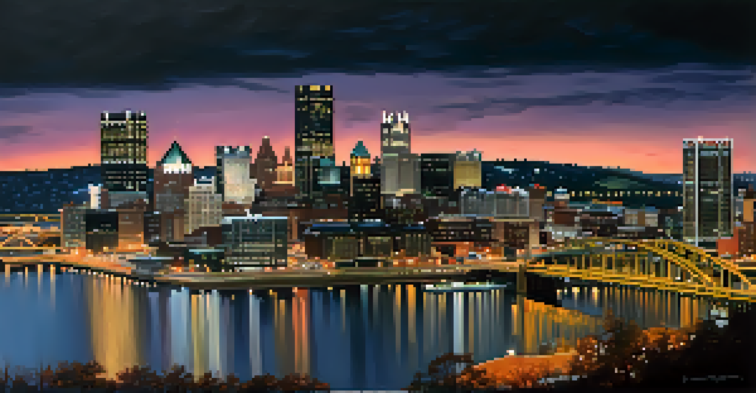 Panoramic view of Pittsburgh's skyline at dusk, featuring modern skyscrapers and historic architecture along the river.