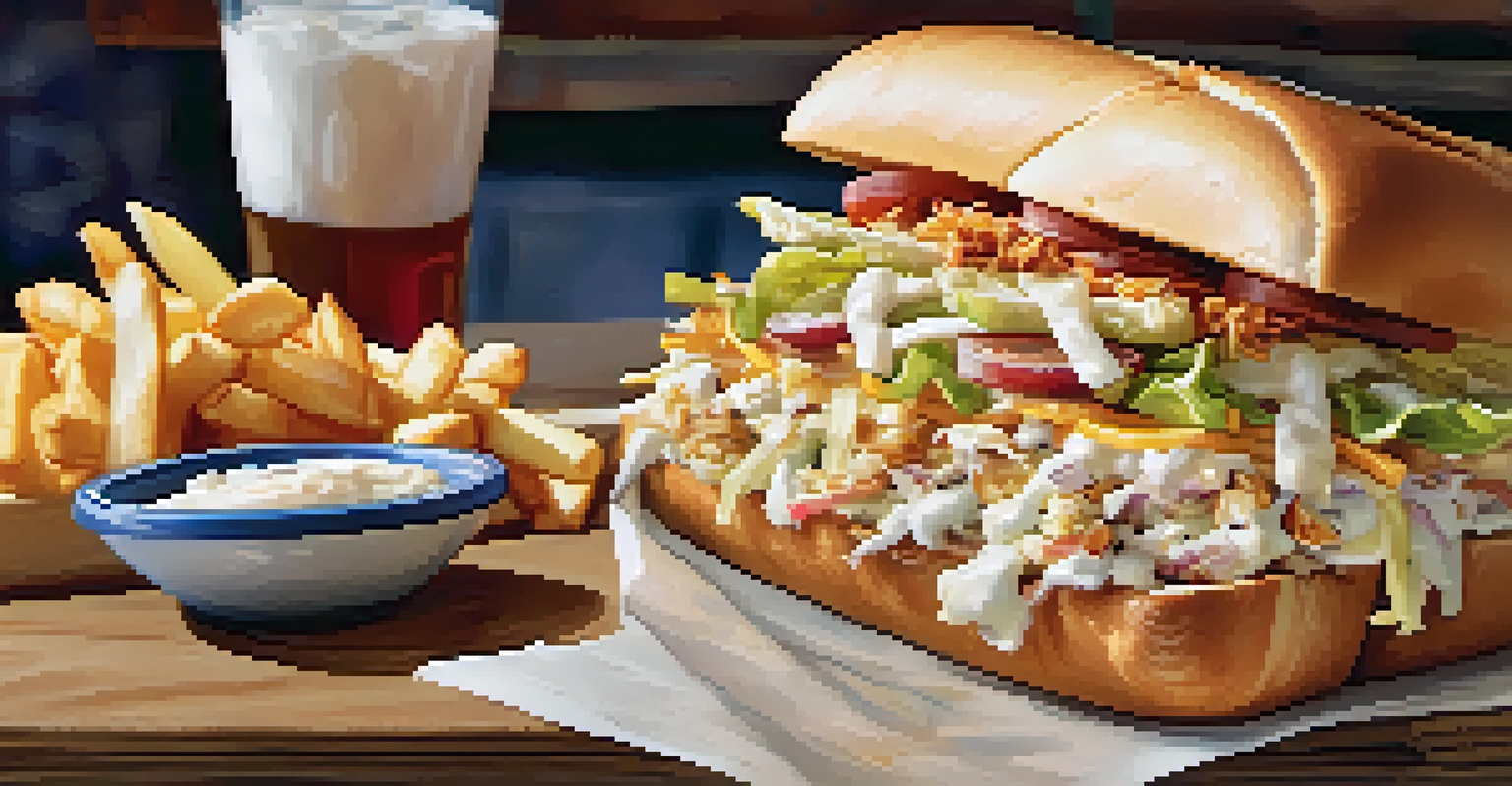 A close-up of a Primanti Brothers sandwich with coleslaw and fries on a wooden table.