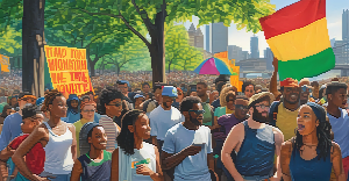 A lively protest in Pittsburgh featuring diverse young activists holding banners and signs, surrounded by greenery and the city skyline in the background.